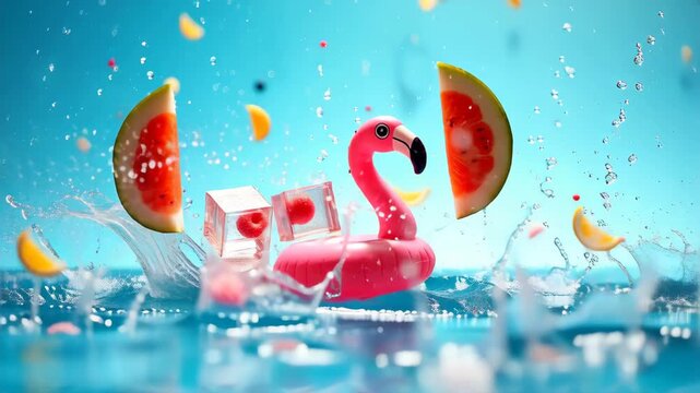 Pink flamingo inflatable floatie surrounded by splashing water, juicy watermelon slices, fresh ice cubes with embedded raspberries in vibrant turquoise pool refreshing summer splash scene