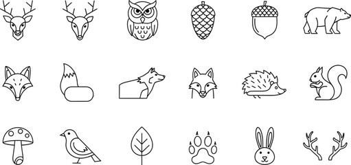 A collection of simple line art icons depicting various forest animals and elements like deer, fox, owl, and mushrooms © Simu Store