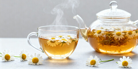 Glass teacup and teapot filled with chamomile herbal tea