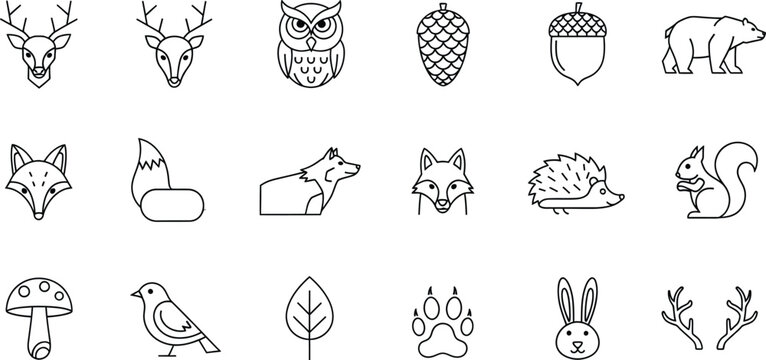 A collection of simple line art icons depicting various forest animals and elements like deer, fox, owl, and mushrooms
