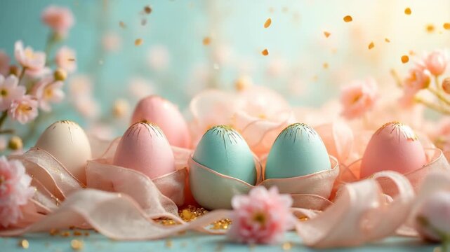 Easter eggs wrapped in flowing silk fabric, pastel ribbons swirling upward, golden glitter particles floating, soft spring flowers blooming, tactile textures, dreamy atmosphere