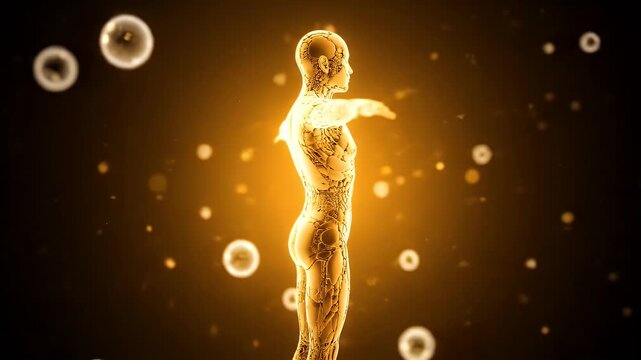 Pixelated Human Figure in Amber T-Pose Floating Among Bubbles and Particles on Dark Background Digital Art