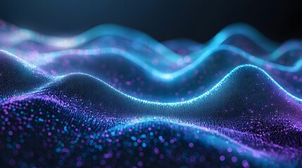 Glowing digital particles form abstract, undulating waves across a dark background.