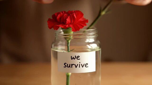 Placing a Red Flower with a Sunflower into Glass Jar Labeled with 'We Survive' on Tabletop