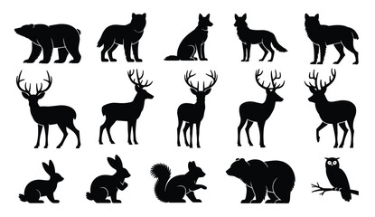 Fototapeta premium Forest animal silhouettes, bear, wolf, fox, deer, rabbit, squirrel, owl, wildlife vector illustration, woodland nature design, animal art