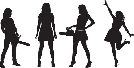Obraz premium Black Silhouettes Set of Women Holding Power Chainsaws for Forestry Woodwork Garden Maintenance and Female Professional Characters Isolated on White Background Vector Illustration Art