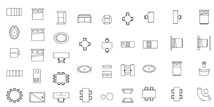 Furniture top view line art collection featuring interior layout icons for modern apartment floorplan design and architectural planning projects.