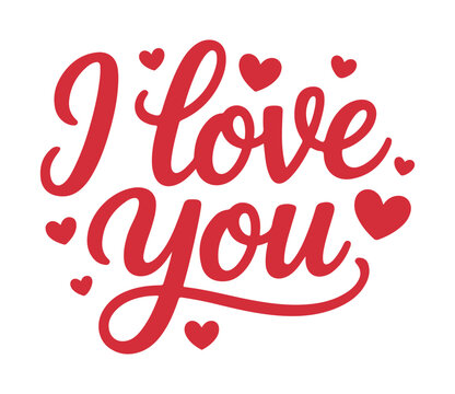 I love you hand lettering calligraphy with hearts isolated on white background for valentine day design
