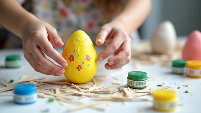 Child decorating yellow easter egg with flower patterns, hands painting at craft table with colorful paints, creative activity, concept of easter, family crafts, children