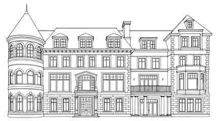 Mansion architectural blueprint line art with Victorian facade, turret tower, dormer windows and balcony, detailed black outline drawing isolated on white background © Harry 