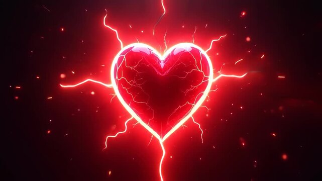 Panic attack heart storm in neon cyberpunk style, electric red heart pulsing chaotically with golden lightning cracks blooming outward dramatically, concept of mental health, anxiety, psychology