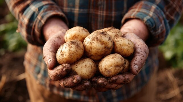Farmer holds freshly harvested potatoes in hands after gathering them from the field during sunny day