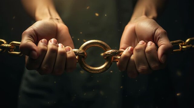 Hands holding golden chain with large ring connection, strength unity bond concept, metallic links symbolic relationsh, teamwork, concept of business, connection