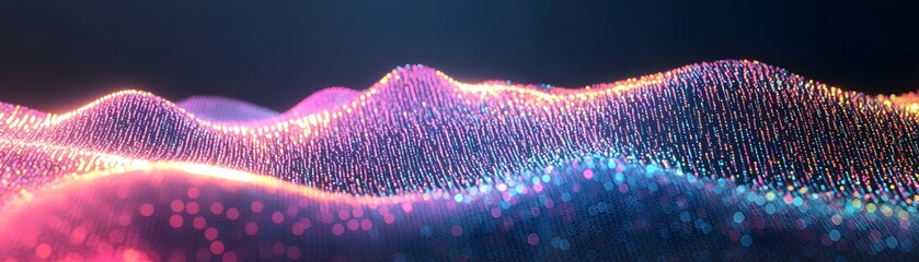 Illuminated abstract wave surface composed of glowing particles against a dark background