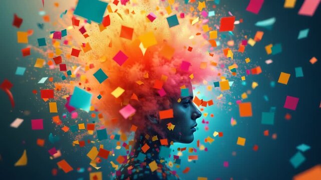 Person profile with colorful geometric squares exploding from head, creative abstract art with vibrant particles, digital concept, concept of creativity, innovation, ideas