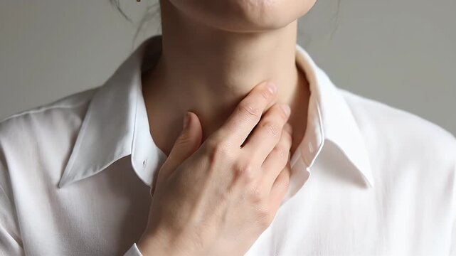 Sore Throat Relief Woman in White Shirt Touches Neck on Gray Background for Medical Information and Pharmaceutical