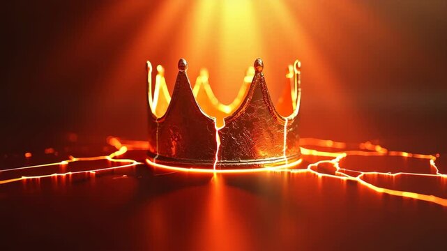 Cracked crown with glowing fissures on dark surface, broken royal symbol with orange light, dramatic damaged scene, concept of downfall, crisis, failure
