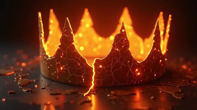 Cracked crown with glowing fissures on dark surface, broken royal symbol with orange light, dramatic damaged scene, concept of downfall, crisis, failure