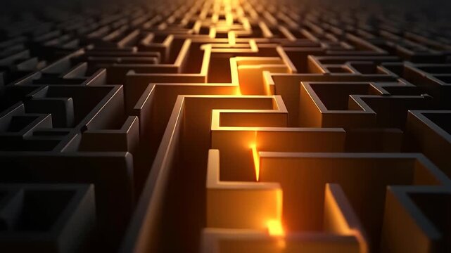 Dark maze with illuminated golden path leading through complex labyrinth, glowing solution route in puzzle, dramatic perspective view, concept of strategy, solution, challenge