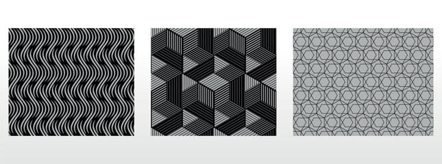 Geometric set of seamless black and gray patterns. Simple vector graphics