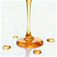 Golden Honey Stream Dripping into Glossy Pool with Droplets &mdash; Close-Up Macro Shot