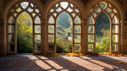 Fototapeta premium Sunlit gothic archway with stained glass and lush garden