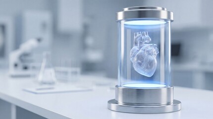 Digital transparent heart model in a glass capsule in a lab. Future of organ transplantation and medical research. Biomedical technology.