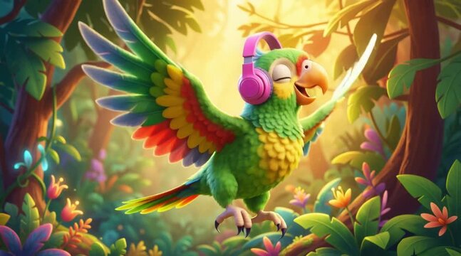 Joyful parrot with headphones dancing in a vibrant, sunlit jungle