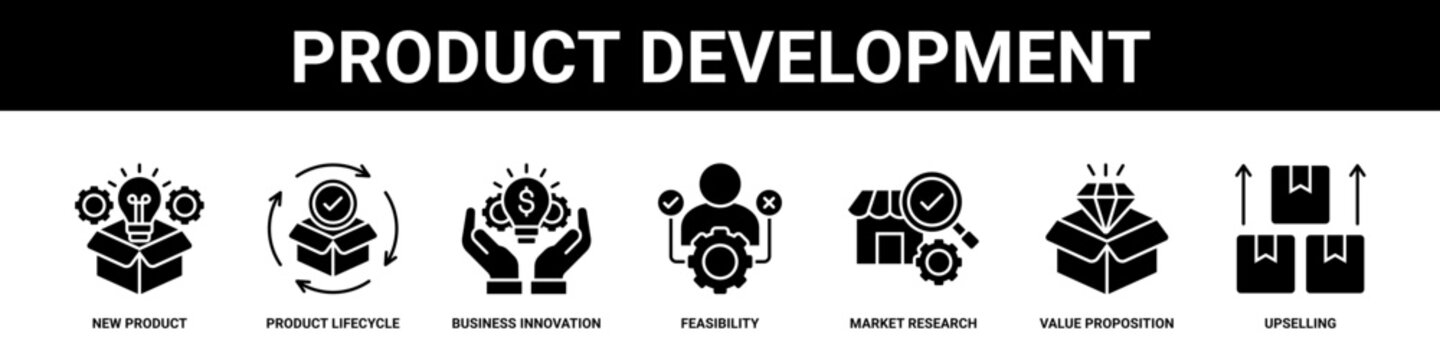 Product Development web banner icon set collection solid style.