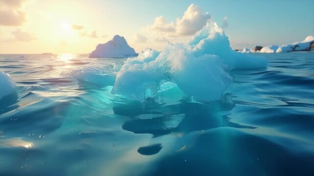 Melting polar ice caps in hyper-realism, turquoise ice cracking and dripping into rising blue ocean waves, golden sunlight reflecting dramatically