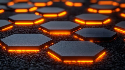 Dark hexagonal structures emit vibrant orange illumination from beneath across a textured surface.