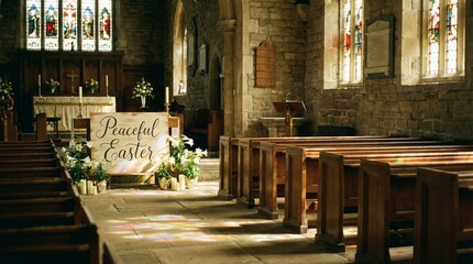 Fototapeta premium Old church interior with wooden pews and soft light.