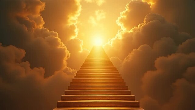 Golden stairway ascending to clouds, narcissism superiority ascension ambition concept, stairs climbing upward heavenward symbolic, ego grandiosity symbol metaphor