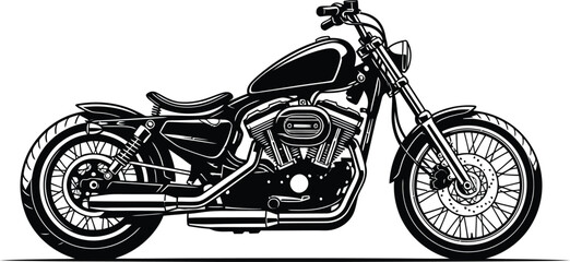 Monochromatic illustration of a classic custom bobber motorcycle with spoked wheels and a Vtwin engine. © Vhya