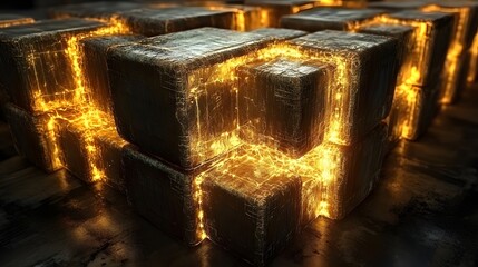 Stacks of rugged, glowing metallic cubes emit intense internal energy