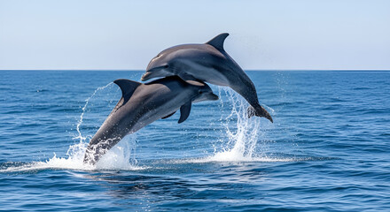 Fototapeta premium Two dolphins leaping together from blue ocean with water splash, wild marine animals, freedom, dynamic motion, open sea nature scene.