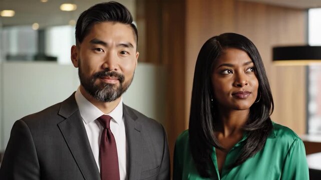 A smiling diverse team exuding confidence in a professional office setting, ideal for corporate profiles and marketing materials.