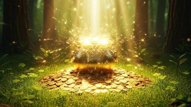 Golden pot overflowing with coins illuminated by sunlight in a lush forest, surrounded by green grass and small plants, creating a magical atmosphere of abundance