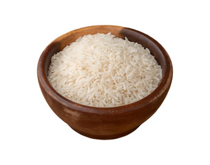 Raw white rice on a wooden bowl isolated over white background