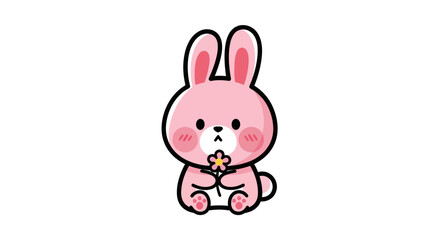 Fototapeta premium Pink cartoon bunny holding flower