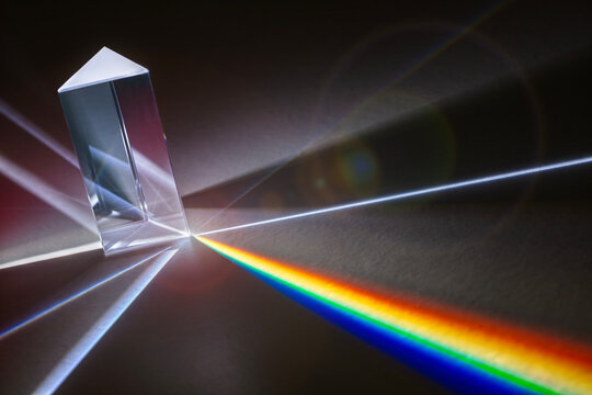 Prism refraction and dispersing light into rainbow spectrum on a dark background
