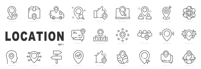 Plakat Outline location icon set featuring map pins, navigation, GPS tracking, destinations, global geography symbols, editable stroke, minimal modern line design.