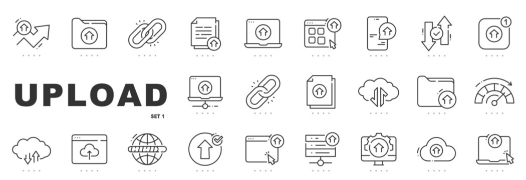 Outline upload icon set featuring file upload, cloud storage, data transfer, synchronization, and interface actions, designed with editable stroke for modern web and app user interfaces.