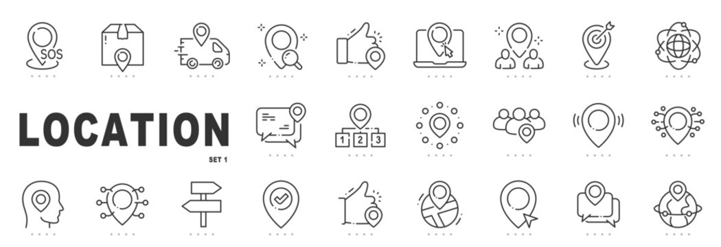 Outline location icon set featuring map pins, navigation, GPS tracking, destinations, global geography symbols, editable stroke, minimal modern line design.