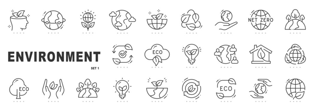 Outline environment icon set featuring sustainability, eco concepts, green energy, climate awareness, planet protection symbols, editable stroke, minimal modern line style.