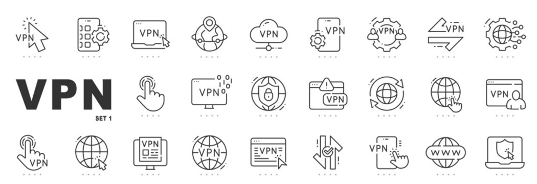 Outline VPN icon set illustrating secure internet connection, online privacy, encrypted network access, cybersecurity protection, global web technology, editable stroke line style.