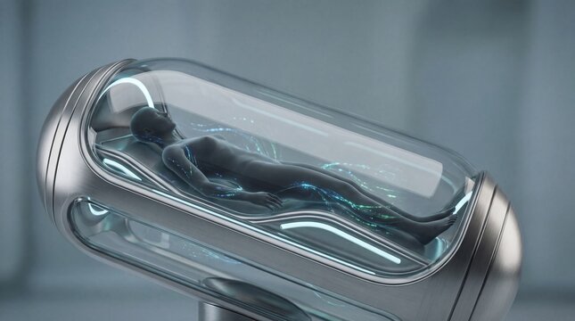 Human body capsule for cryogenic preservation. Future medical technology concept for long term health and space travel.