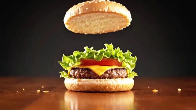 Watch a delicious, fresh burger deconstruct in mid-air! This captivating video showcases each savory ingredient separating, making it perfect for food enthusiasts.