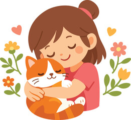Cute flat vector illustration of a young girl hugging a cat with flowers around.