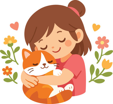 Cute flat vector illustration of a young girl hugging a cat with flowers around.